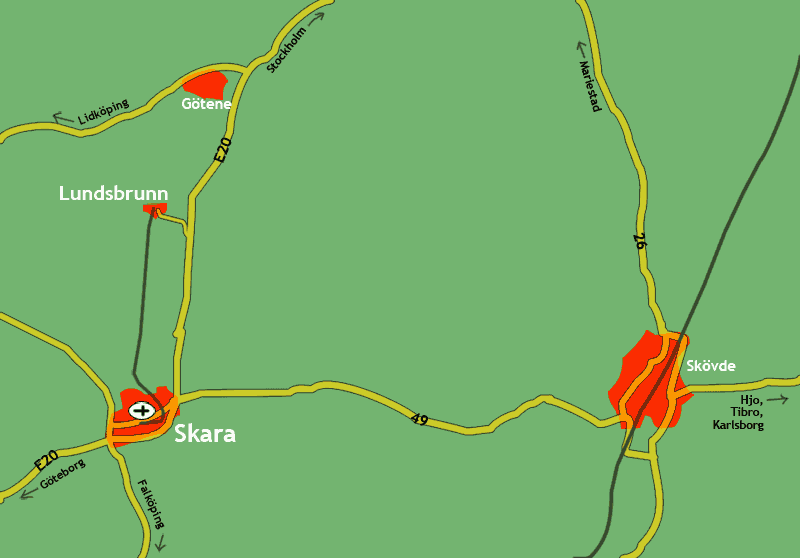 Karta som visar Skara, Lundsbrunn, Götene och Skövde med omnejd
